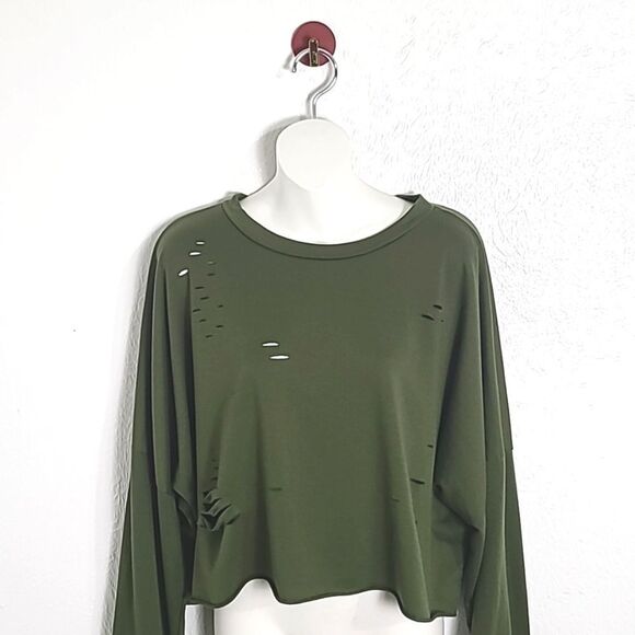 Touch Me Army Green Ripped Crop-top, Longsleeves, Size 2XL - Picture 1 of 8